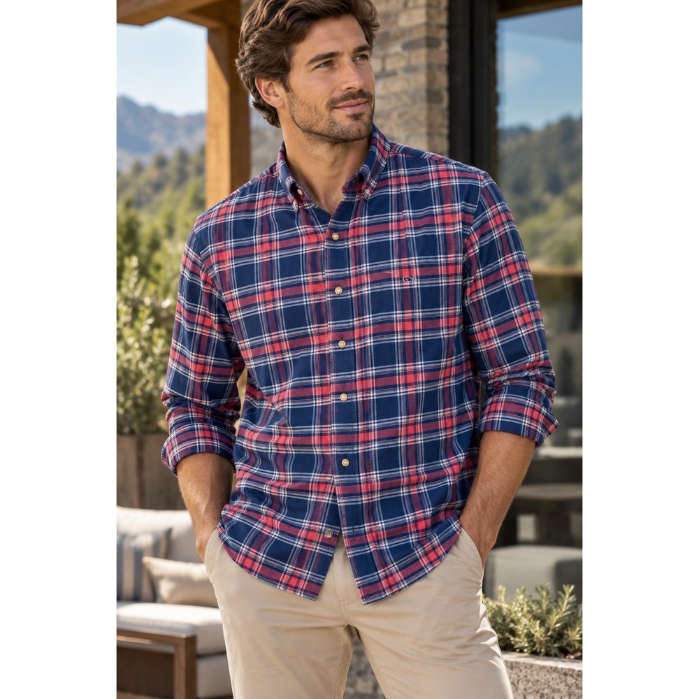 Vineyard Vines Shirt Mens 3XT Blue Red Plaid Tucket Button Down Preppy